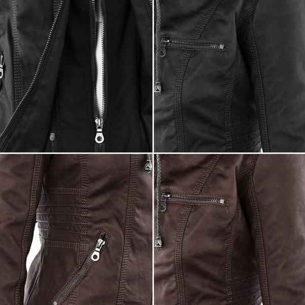 Versatile women's warm outerwear: a stylish double-lined leather hooded jacket.