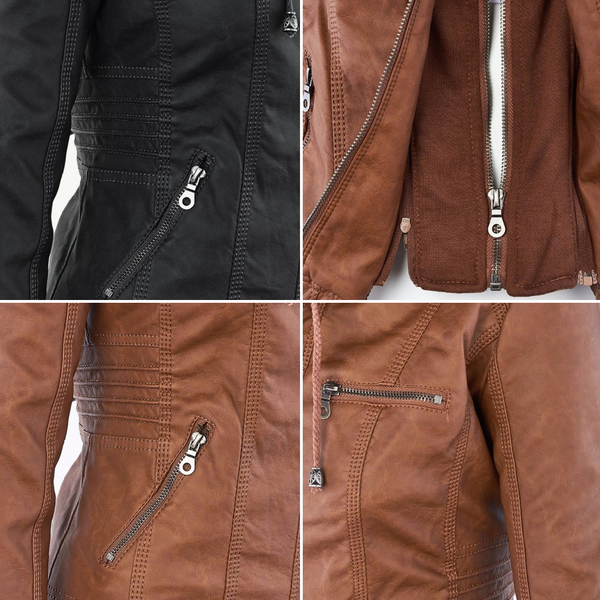 Women's cozy double-lined leather hooded jacket, perfect for stylish casual fall fashion.