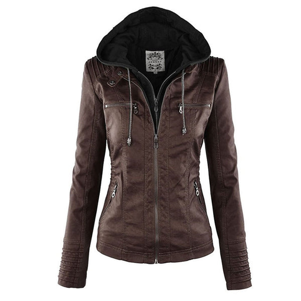 Cozy women's hooded leather jacket, perfect for fall fashion and versatile casual wear.