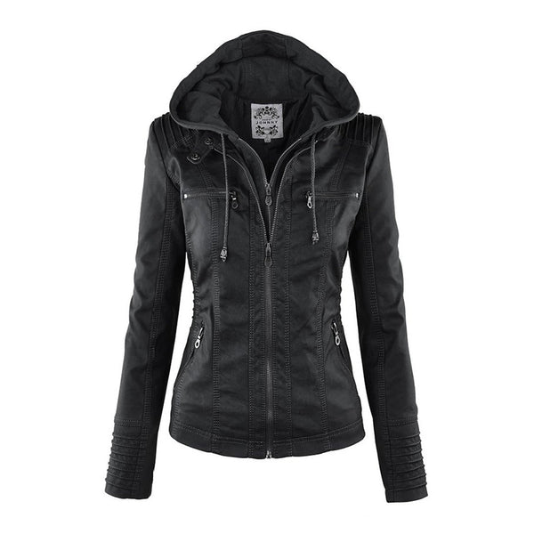 Stylish women's winter coat, a warm double-lined leather jacket with a comfortable hood.