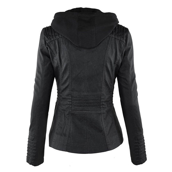 Warm women's outerwear: a versatile double-lined leather hooded jacket for cold weather.