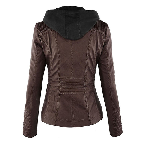 Women's fall fashion leather jacket, double-lined and hooded for ultimate warmth and style.