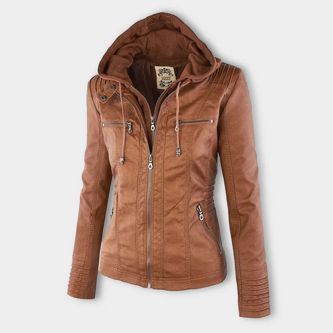 Cozy hooded leather jacket for women, a stylish outer layer suitable for winter and fall.