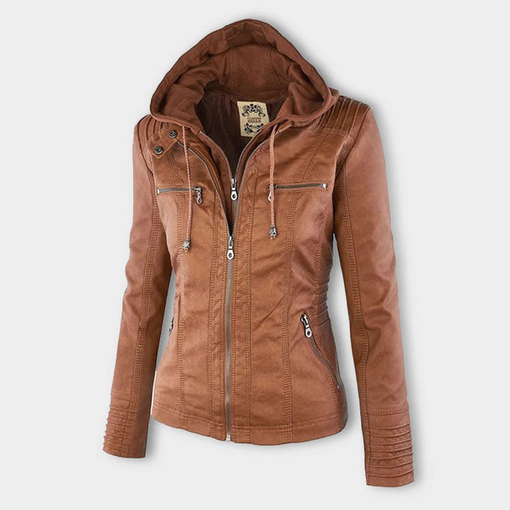 Cozy hooded leather jacket for women, a stylish outer layer suitable for winter and fall.