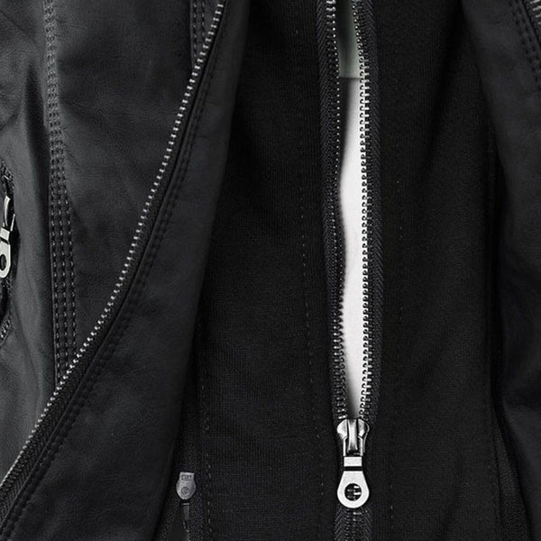 Warm women's casual fashion jacket, double-lined leather with hood for comfort and style.