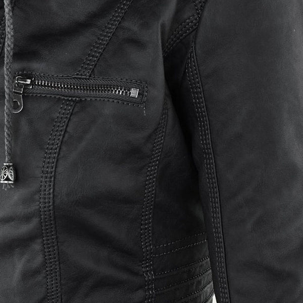 Stylish double-lined hooded leather jacket, women's versatile winter coat outerwear.
