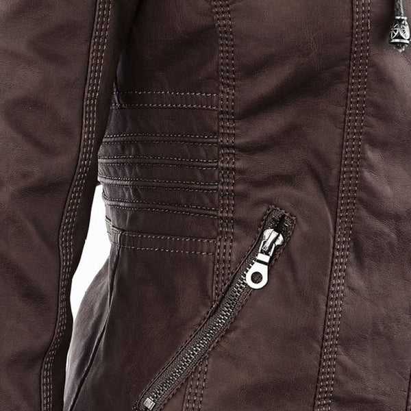Women's warm hooded jacket, a cozy double-lined leather outer layer for fall and winter.