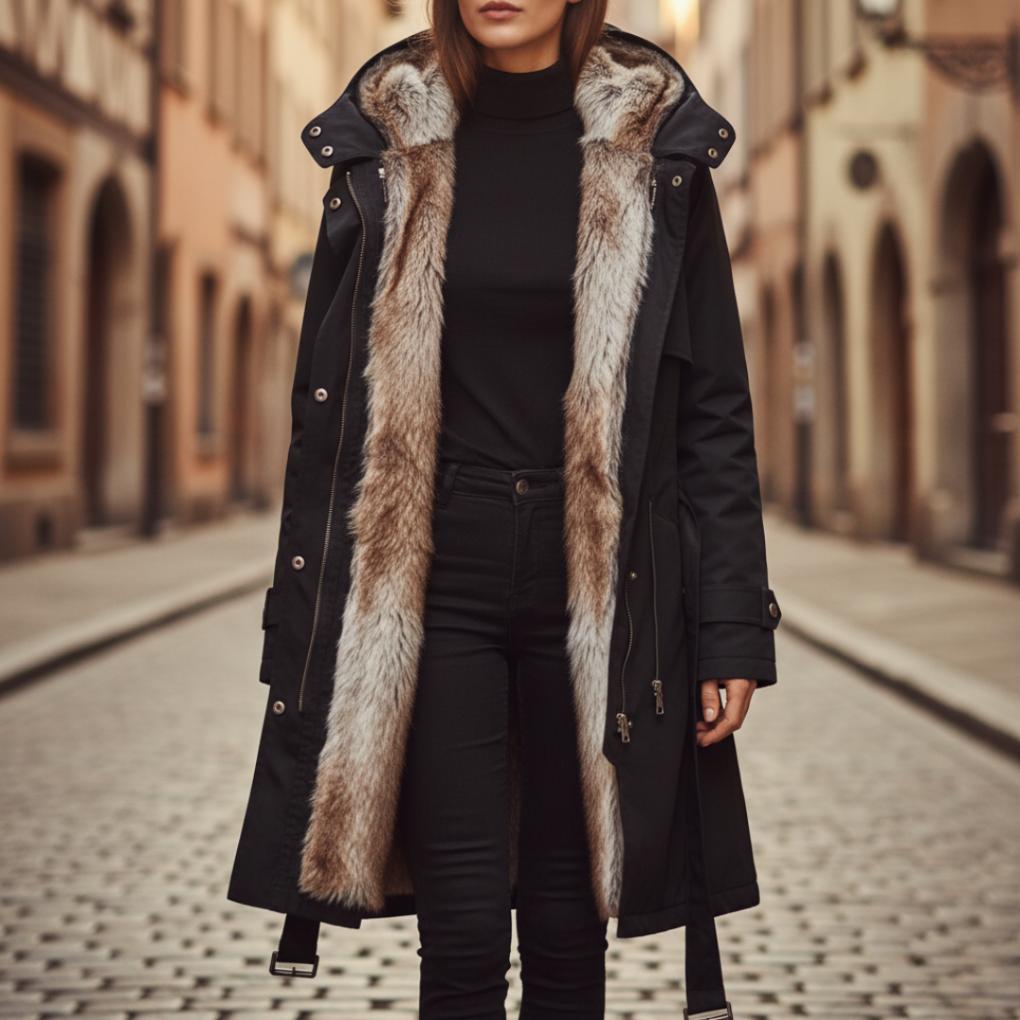 Women's warm hooded winter parka for everyday wear, stylish & insulated long coat for cold weather.