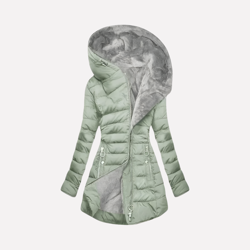 Women's warm winter coat, mid-length with hood & full zipper. Ideal daily outerwear for cold weather.