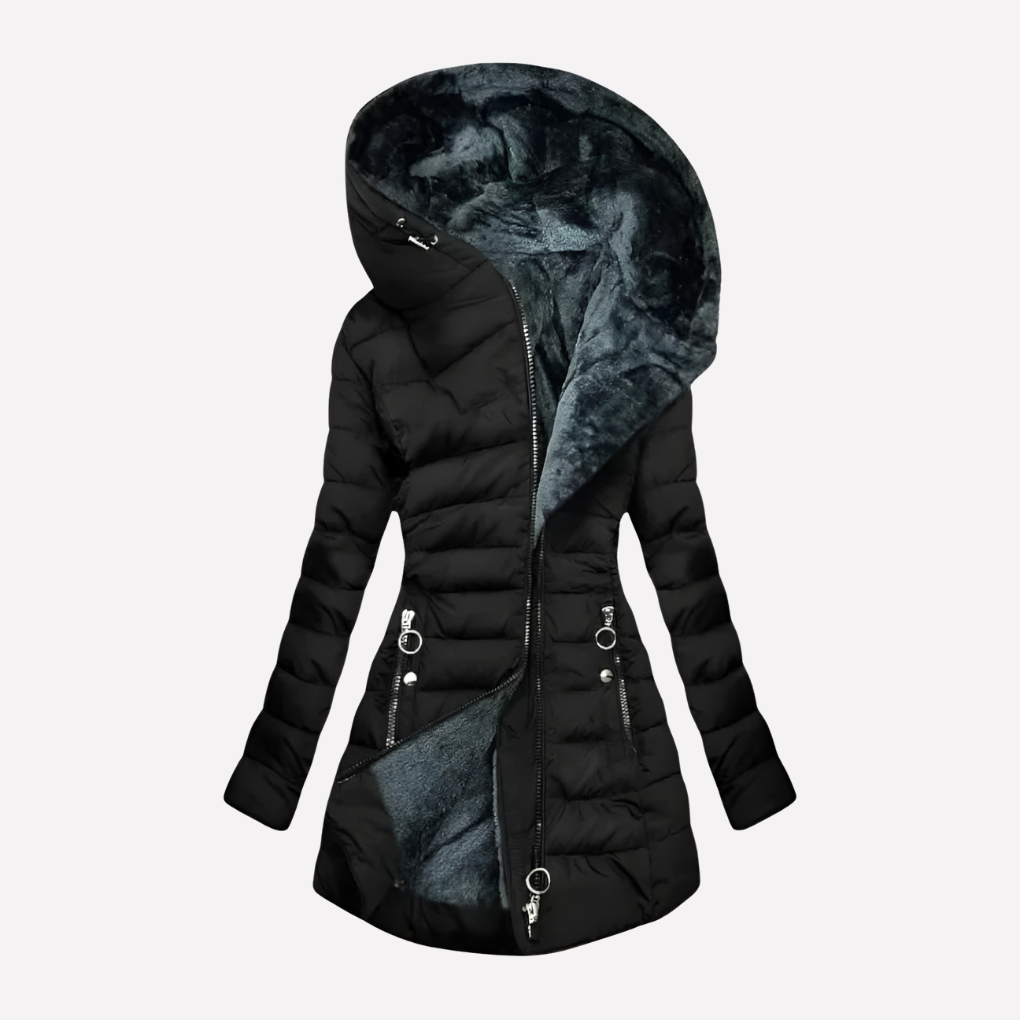 Cozy women's mid-length winter coat with a warm hood & full zipper, perfect for daily cold weather protection.