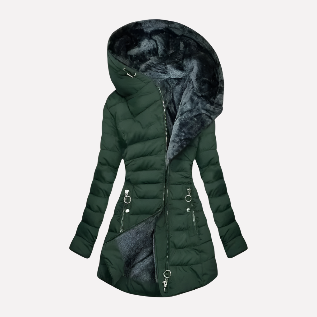Stylish women's hooded winter coat, mid-length, featuring a full zipper for ultimate warmth & daily comfort.