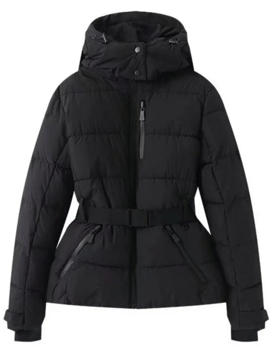 Stylish women's belted puffer ski jacket. Waterproof & insulated for warmth in winter, great for fashion & snow.