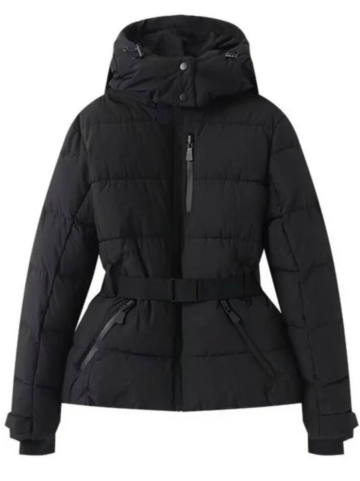 Stylish women's belted puffer ski jacket. Waterproof & insulated for warmth in winter, great for fashion & snow.