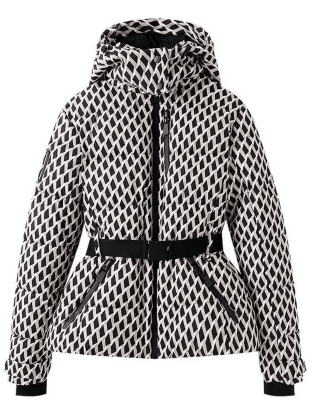 Women's insulated waterproof ski jacket with belt for winter sports. Puffer design ensures warmth & comfort.