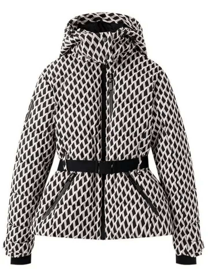 Women's insulated waterproof ski jacket with belt for winter sports. Puffer design ensures warmth & comfort.