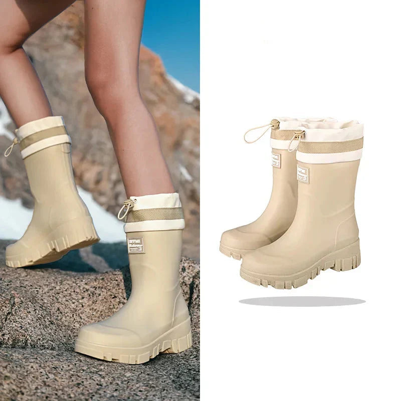 Comfortable slip-on waterproof boots for women's wet weather.