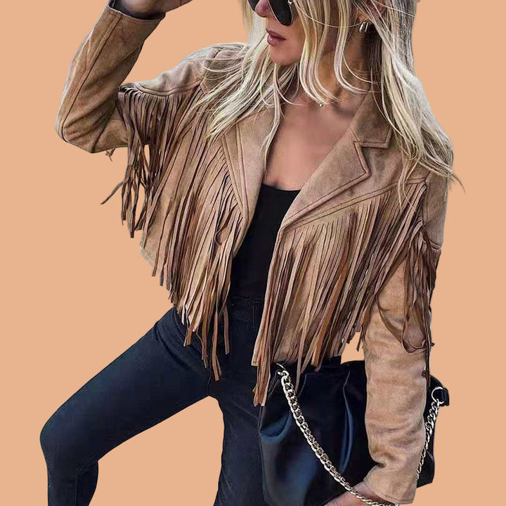 Close-up of intricate fringe detail on a women's cropped western fashion jacket