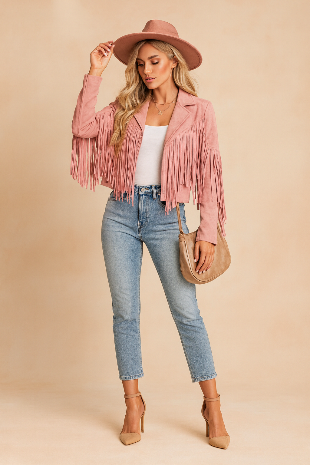 Back view of a stylish cropped outerwear piece, a women's boho fringe jacket