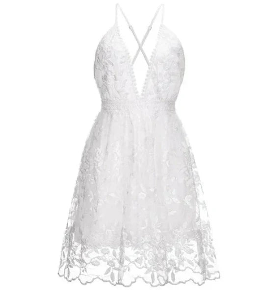 White halter neck v-neck sleeveless mini cocktail dress with delicate floral embroidery, ideal for summer events.