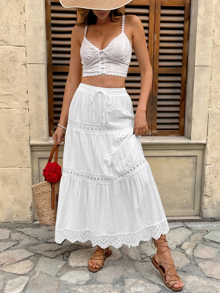 Flowy white lace maxi skirt, a versatile long skirt for women's summer wardrobe.