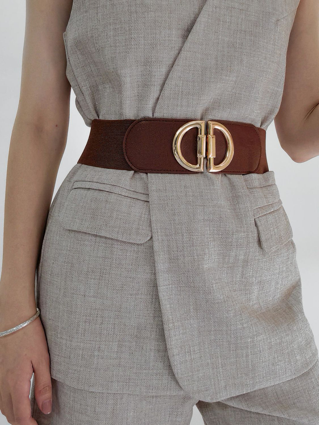 Women's wide elastic stretch waist belt with decorative gold buckle