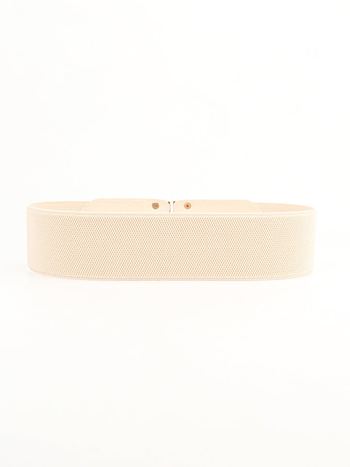 Fashionable wide belt for women, featuring a classic gold buckle and stretch fabric