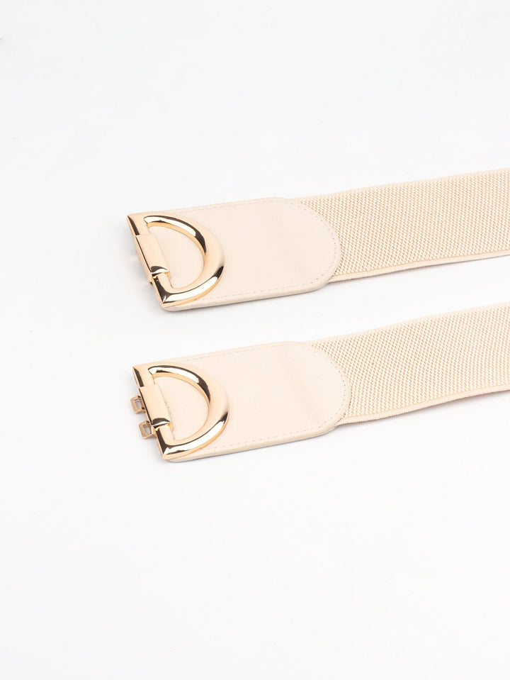 Women's wide elastic waist belt, perfect for dresses and adding shape with gold buckle