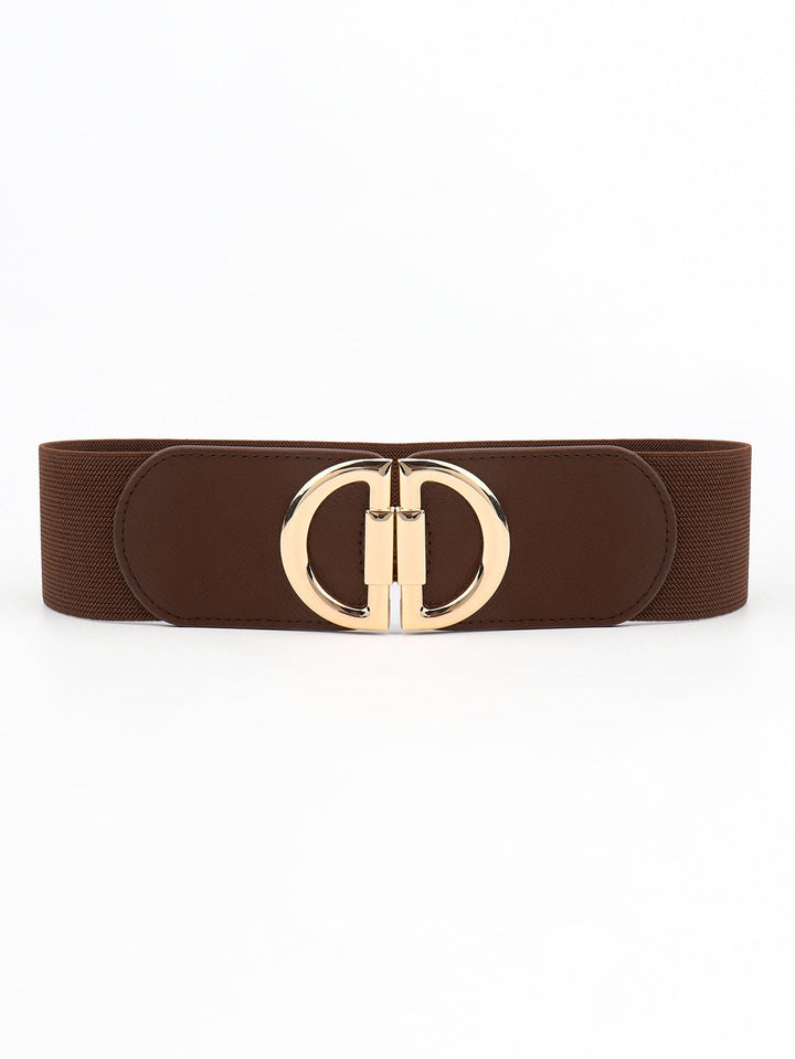 Fashionable wide stretch belt for women, accentuating the waist with a gold buckle