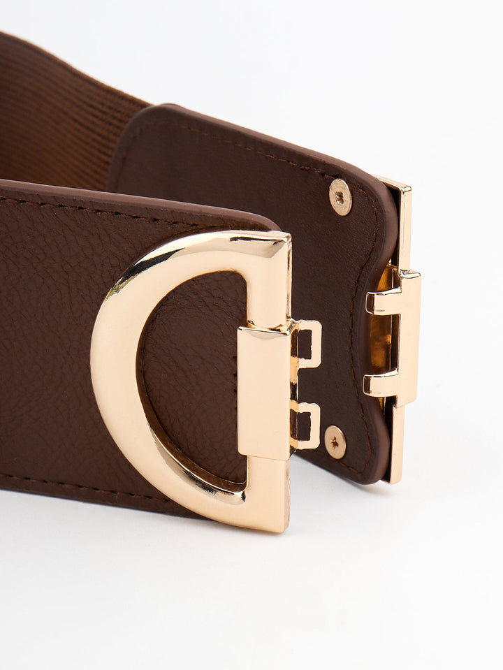 Elastic stretch waist belt for women, wide design with elegant gold buckle