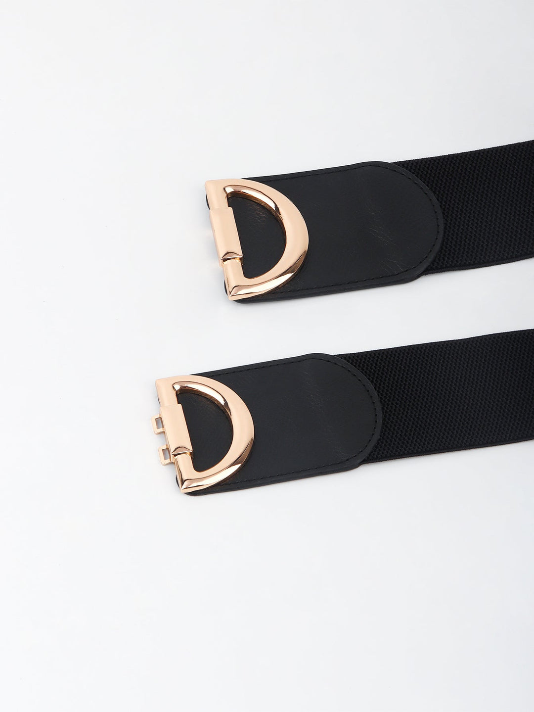 Gold buckle detail on a comfortable wide elastic stretch waist belt for women