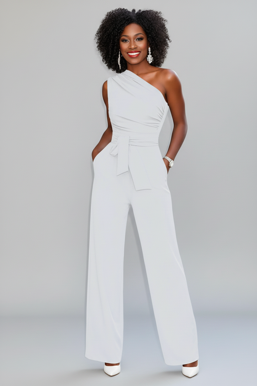 Women's wide-leg jumpsuit with short sleeves & self-tie belt. Flattering & comfortable for any occasion.