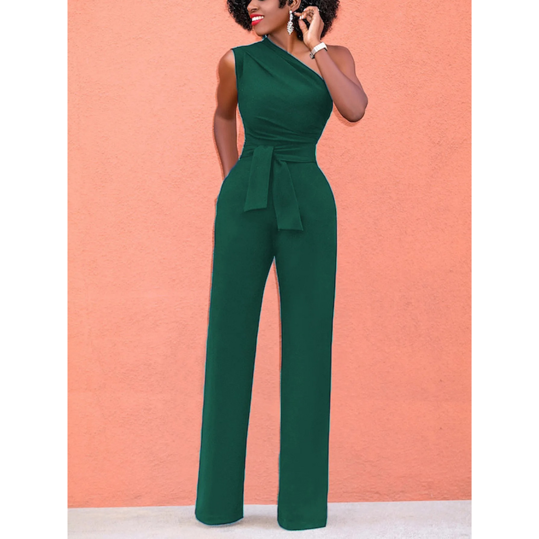 Stylish women's jumpsuit: wide leg, short sleeves, & a flattering belted waist. Modern one-piece fashion.