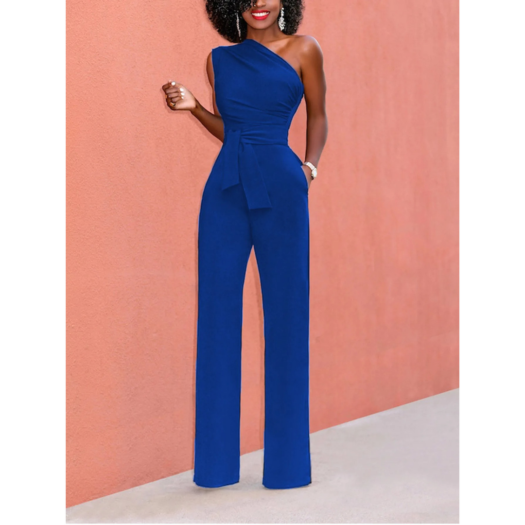 Summer fashion: Women's belted wide-leg jumpsuit, short sleeve, offering a chic, comfortable, and versatile look.