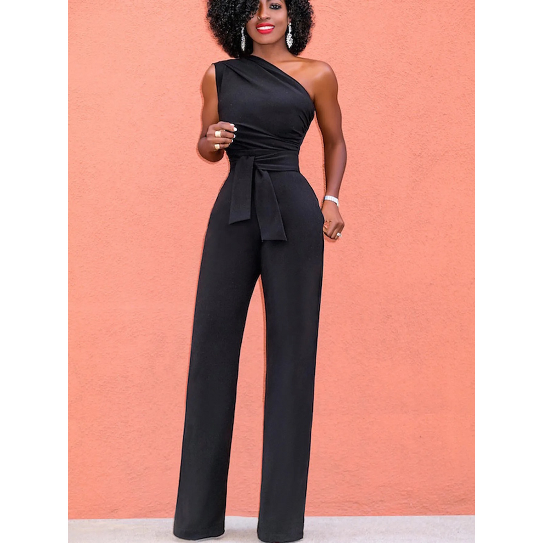 Women's short-sleeve wide-leg jumpsuit with a flattering belted design. An elegant and comfortable one-piece outfit.