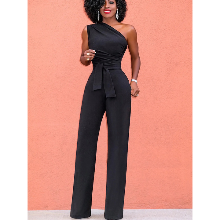 Women's short-sleeve wide-leg jumpsuit with a flattering belted design. An elegant and comfortable one-piece outfit.