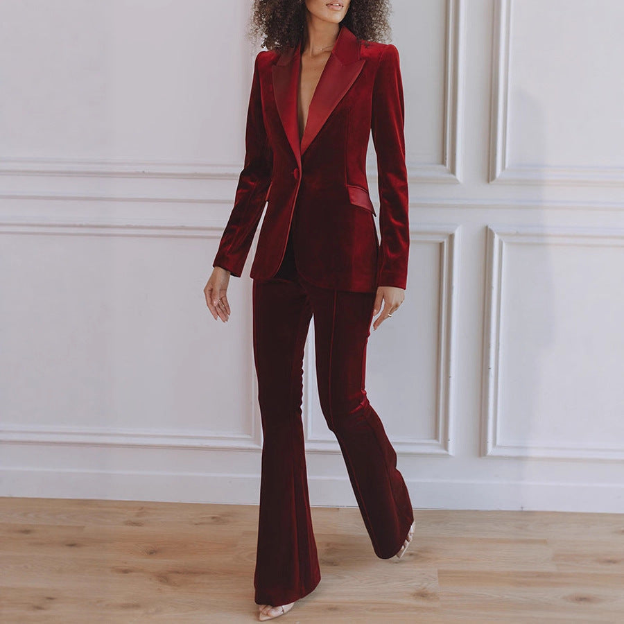 Chic women's two-piece blazer and flare trousers. Perfect for smart casual or formal office wear.