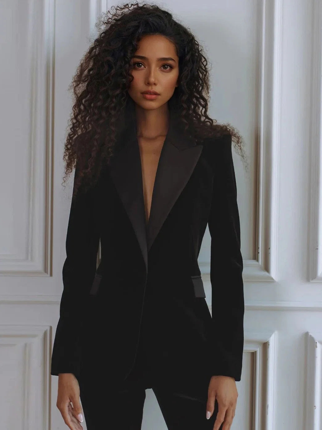 Women's formal co-ord set: tailored blazer & flattering flare trousers. Perfect for work.