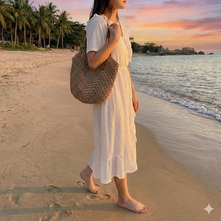 Stylish woven tote bag for women, perfect for summer travel