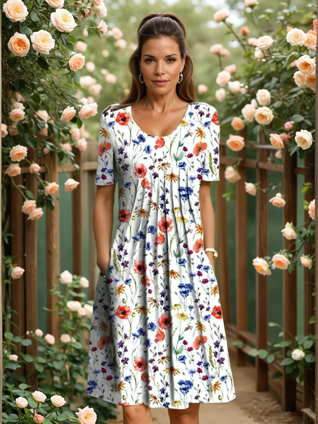 Women's V-neck A-line midi dress with vibrant floral print, perfect for spring & summer casual elegance.