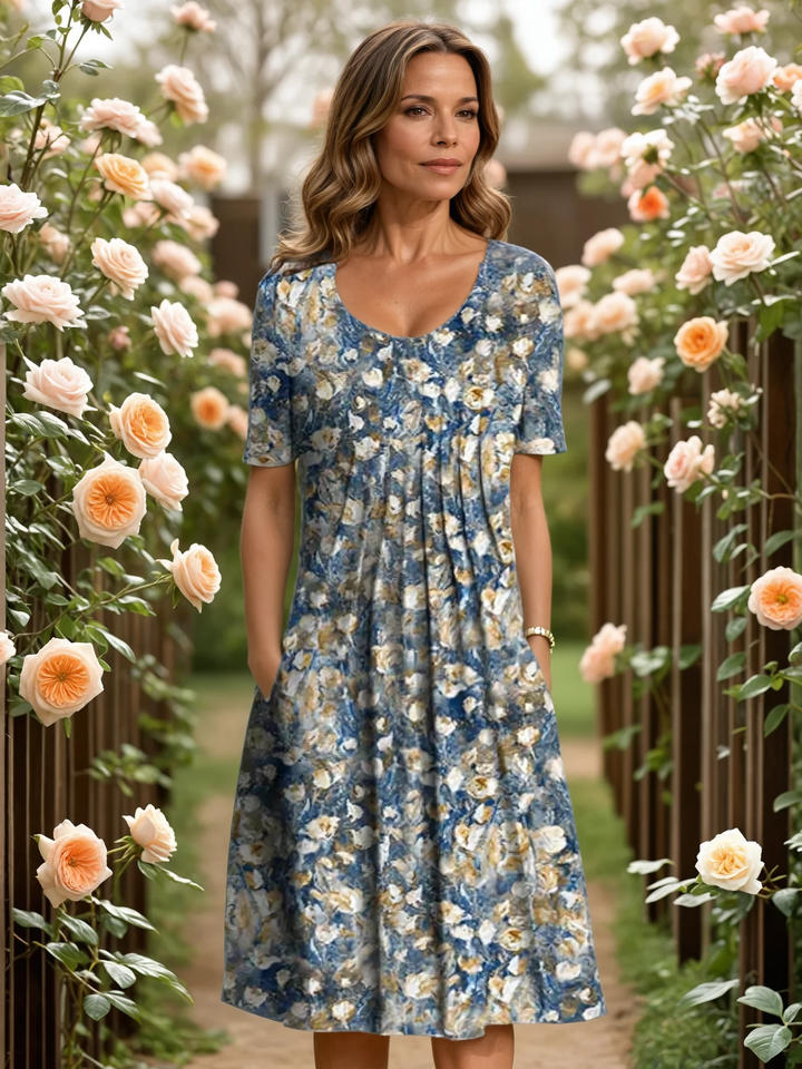 Stylish women's floral print midi dress, featuring a flattering V-neck, A-line silhouette, ideal for spring events.