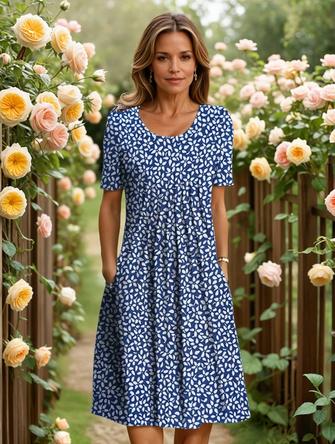 Casual elegant women's V-neck A-line midi dress in a beautiful floral pattern, great for versatile spring/summer wear.