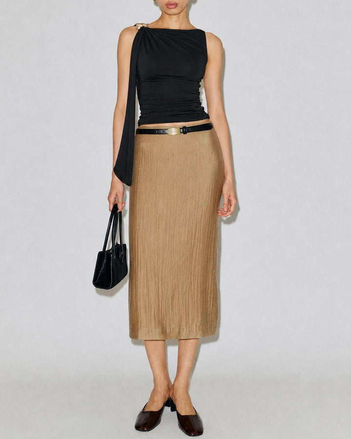 Close-up of women's boat-neck wrap tank top with stylish button detail. Elegant sleeveless summer top.