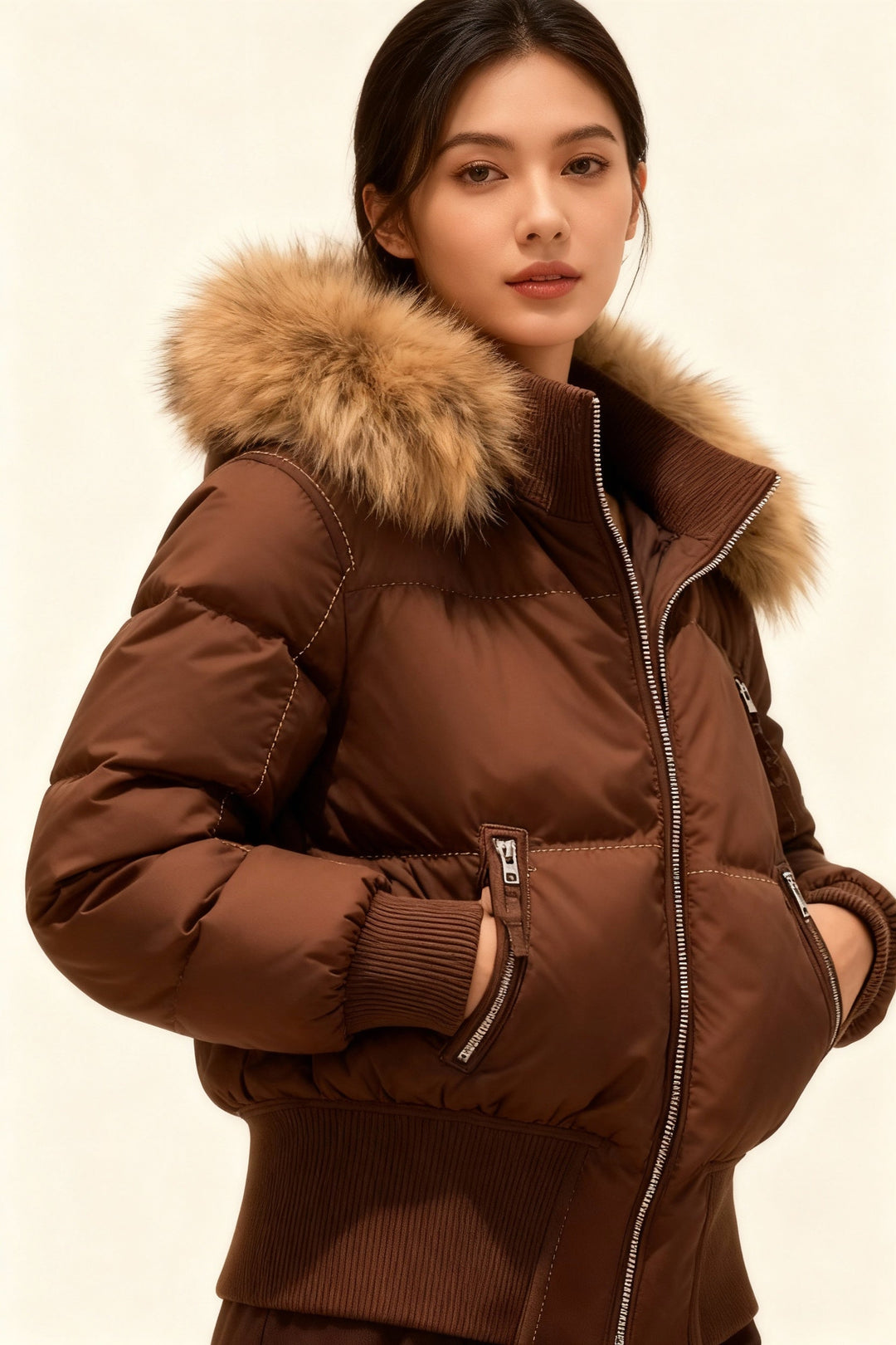 Warm women's outerwear: quilted winter jacket with stylish faux fur hood.