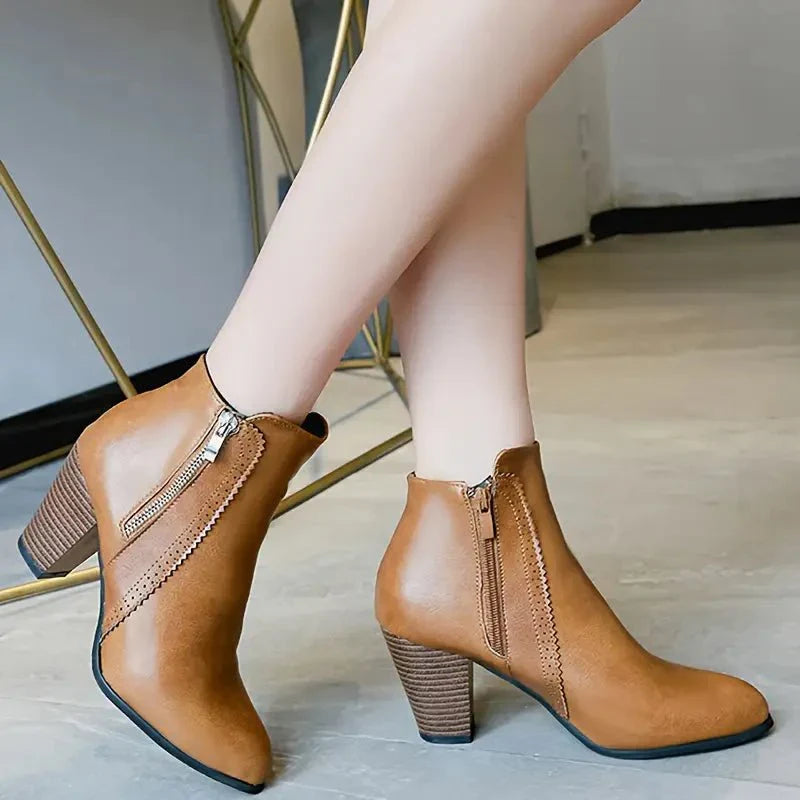 Versatile women's fashion ankle boots, perfect for everyday wear, with side zip, scalloped trim & block heel.