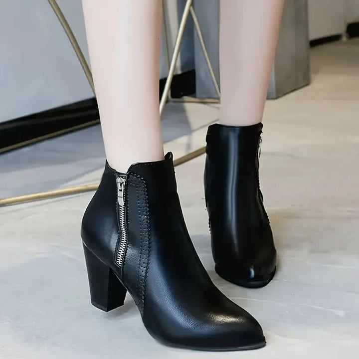 Light brown women's ankle boots, ideal for chic everyday wear, featuring side zip, scalloped trim & block heel.