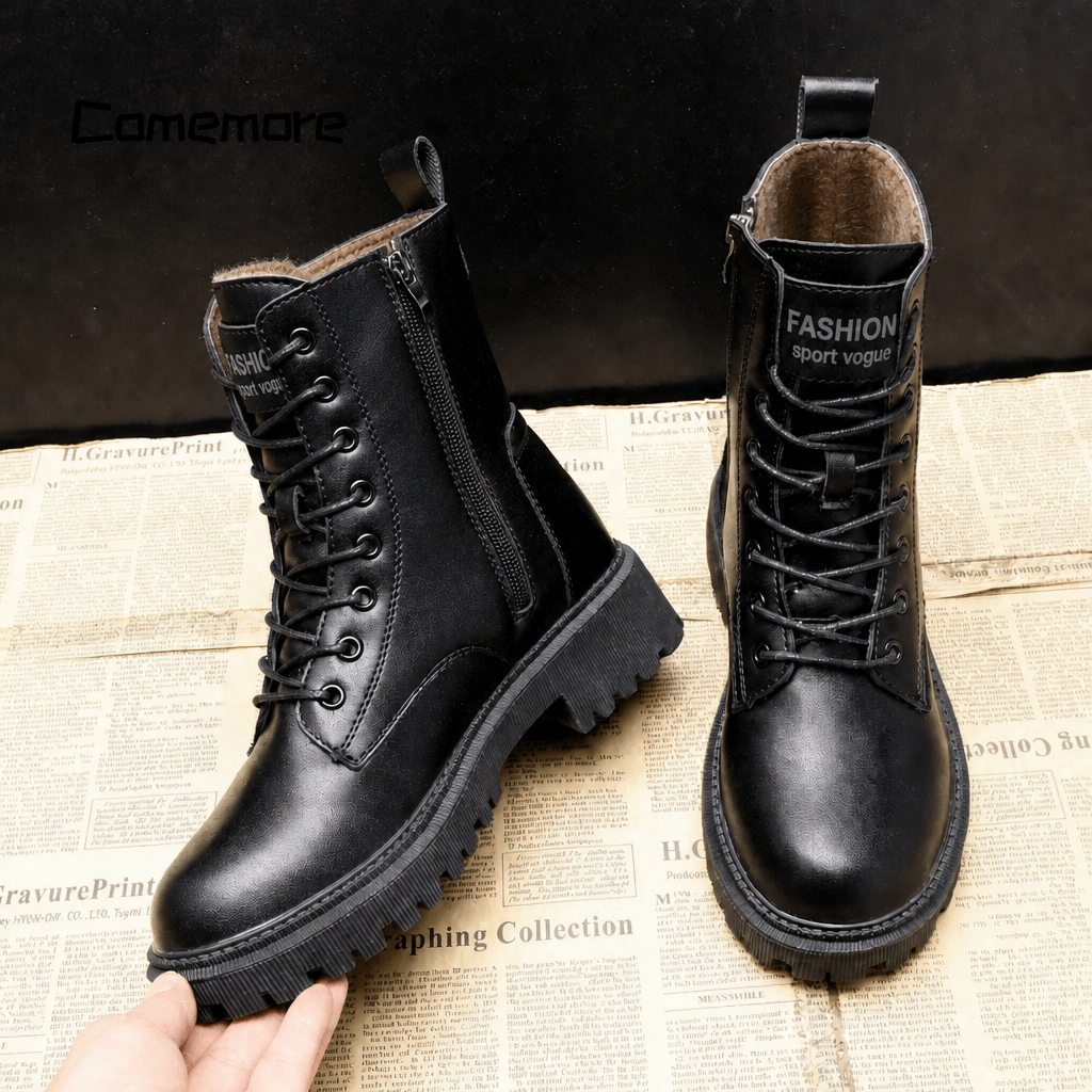 Black women's combat boots with a durable lug sole and lace-up front, ideal for fall & winter.