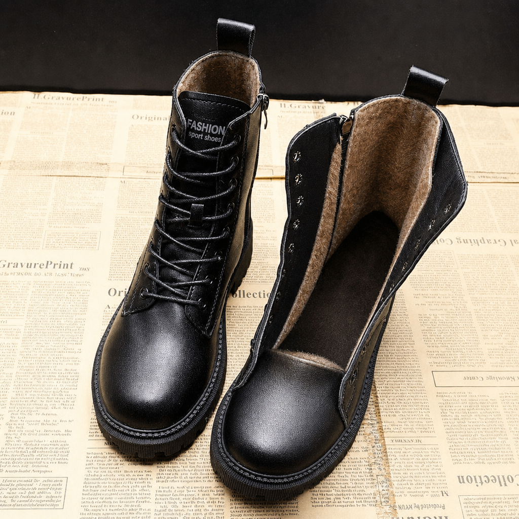 Stylish black lace-up ankle boots for women, featuring a sturdy design, great for casual or winter outfits.