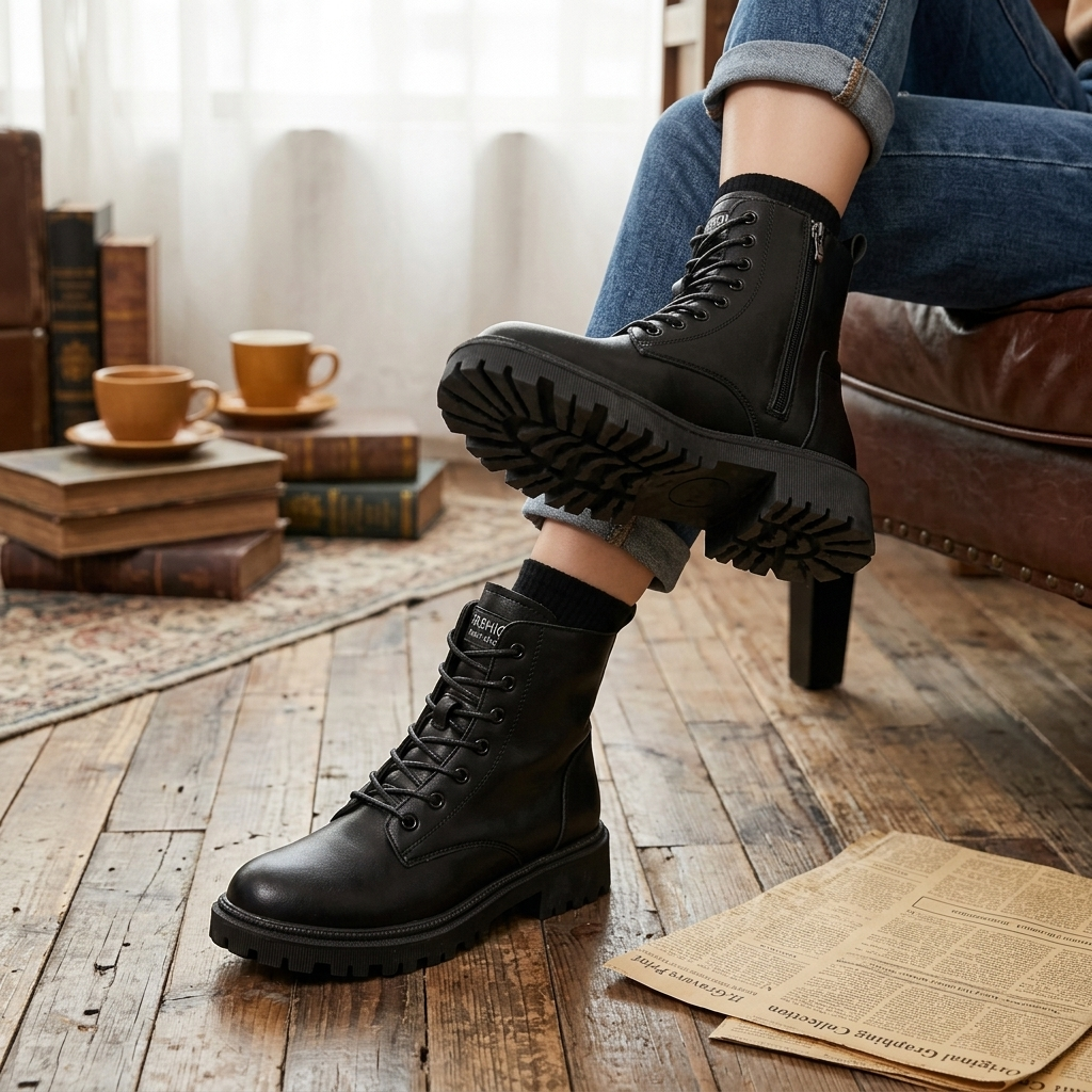Trendy women's black lace-up ankle boots, a must-have for fall and winter fashion. Stylish & comfortable.
