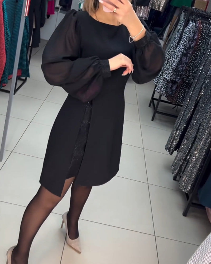 Black formal mini dress for women, designed with elegant sheer sleeves and a stylish slit for evening events.