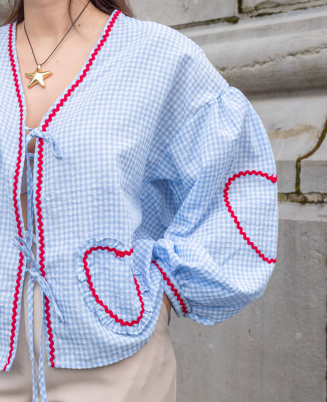Chic women's long-sleeve top with an adjustable tie front and delicate ruffle trim for a stylish look.